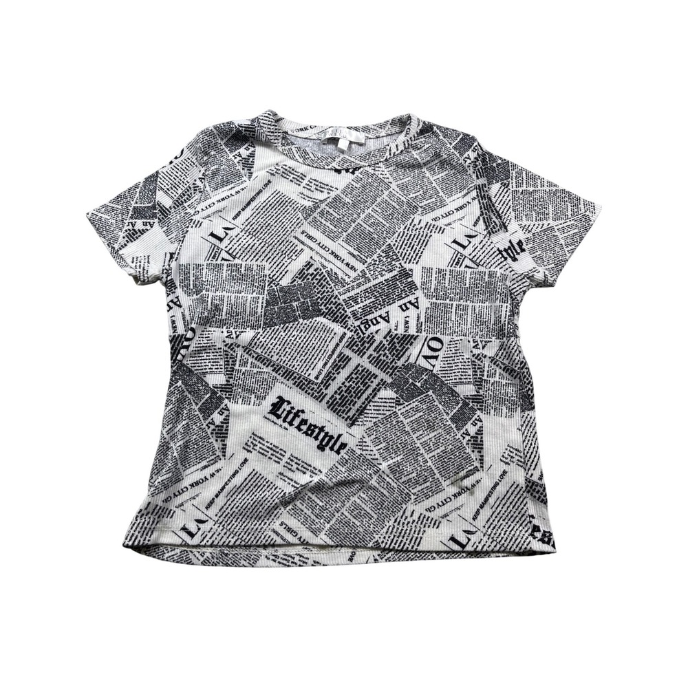 Stella Tweed Newspaper Print Top Women's Small Black White Graphic Y2K Tee